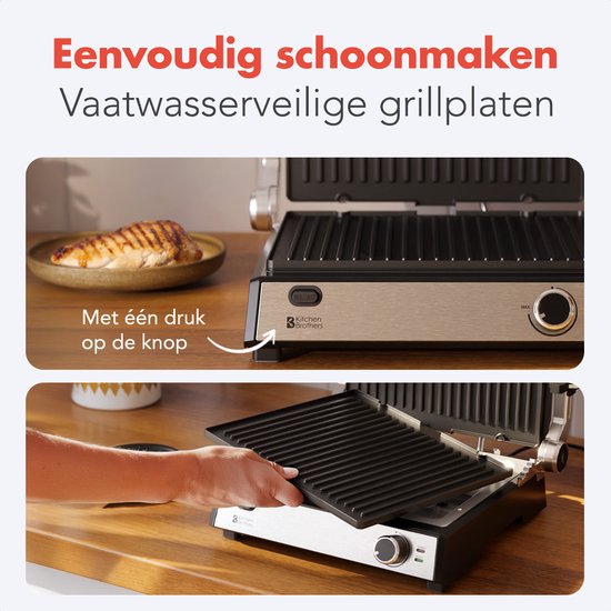 KitchenBrothers Contact Grill Deluxe - Grillgerät - Abnehmbare Grillplatten - Panini Grill - 5 Höheneinstellungen - 2000W - Edelstahl