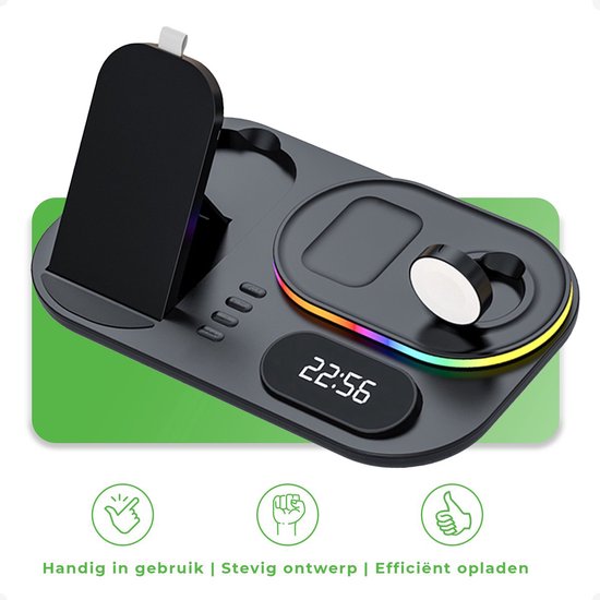 iSetchi Wireless Qi Charger 15 Watt Schnellladegerät (4-in-1) - Mit Quick Charge 3.0 Adapter, LED Uhr & LED Lampe - Qi Ladestation