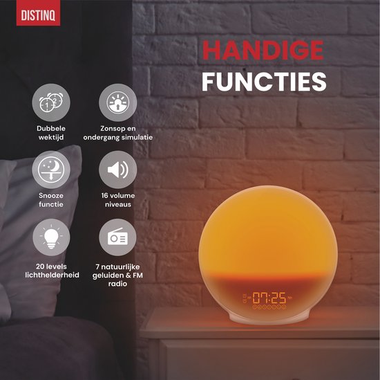 DistinQ Wake-Up Light - Radiowecker mit doppelter Weckzeit - Einschlafhilfe mit USB-Anschluss