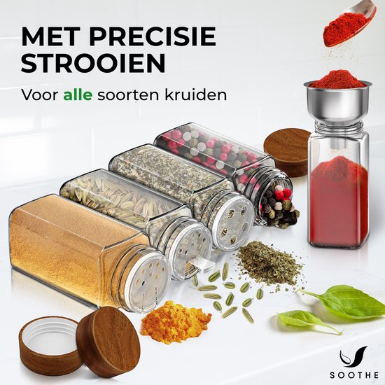 Soothe 24 Glasgewürzdosen quadratisch mit Akaziendeckel - 2 Arten von Streudeckeln - Gewürzstreuer - Gewürzdosen - Komplettset inkl. Gewürzsticker, Kreidestift und Zubehör - 120ml