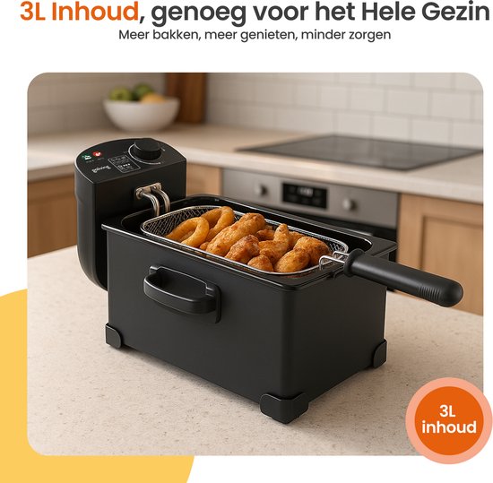 Goliving Fryer 3L - Fritteuse - Sichtfenster aus Glas - bis zu 190°C - 2000W - Edelstahl - Schwarz