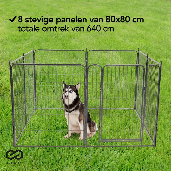 Infinity Goods Hundeauslauf - Welpenauslauf - 8 Paneele - 80 x 80 CM - 640 CM Umfang - faltbar - mit Tür - Stahl - Schwarz