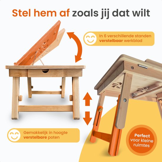 Goliving Laptop-Tisch - Ausklappbar auf 39 cm Höhe - Verstellbare & klappbare Arbeitsfläche - Ergonomischer Laptop-Tisch - Bank-Tisch - Bett-Tisch - Laptop-Ständer - Holz