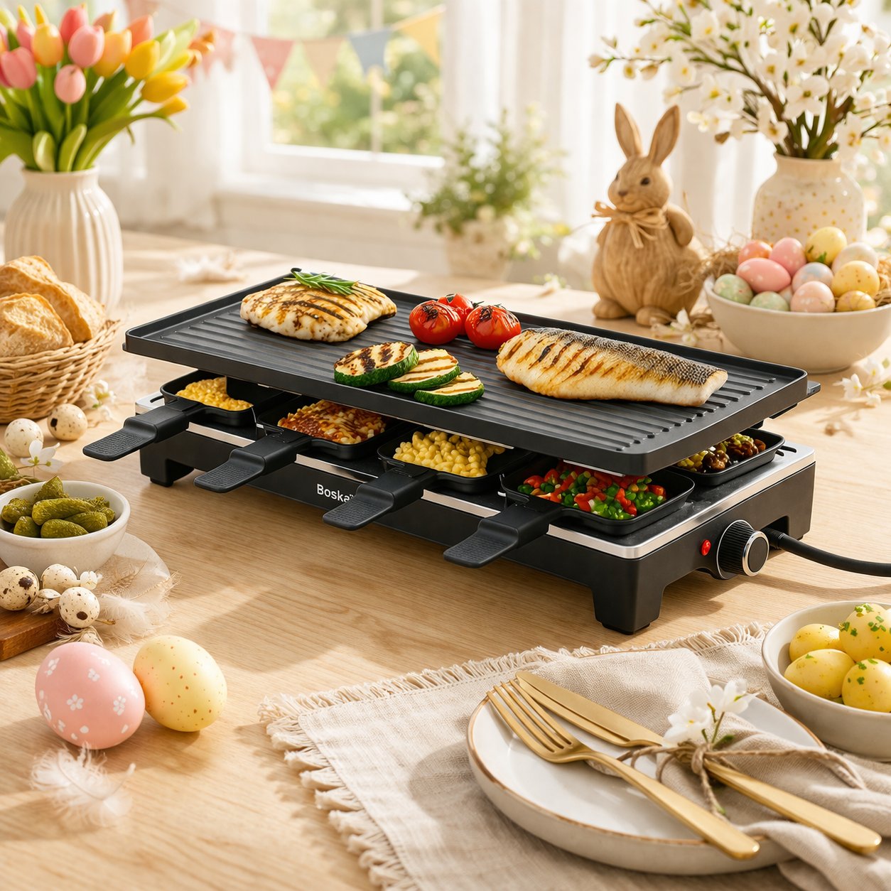 KitchenBrothers Gourmet Set - 1500W - Gourmetteller 8 Personen - Set mit Pfannen und Spateln - 46,5 x 23 cm - Schwarz