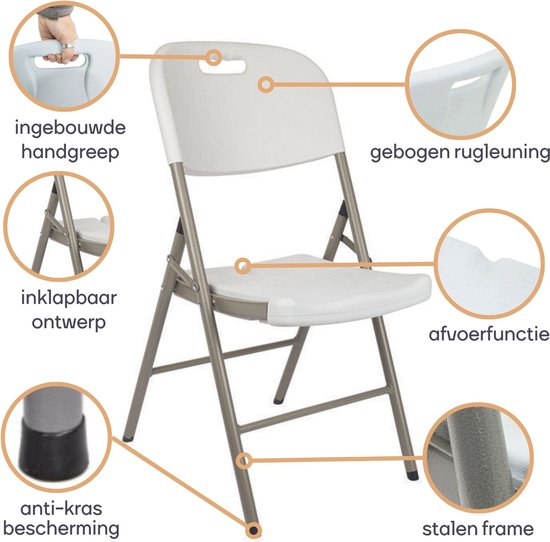 Perel Weißer Klappstuhl für den Innen- und Außenbereich, Kunststoff, platzsparend, ideal für Events, Partys und Catering, mit Stahlgestell und wetterfester Sitzfläche