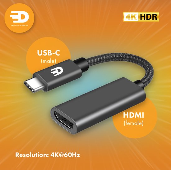 Drivv. USB C zu HDMI Adapter - Unterstützt 4K 60Hz - Thunderbolt 3 - Nylon - Grau