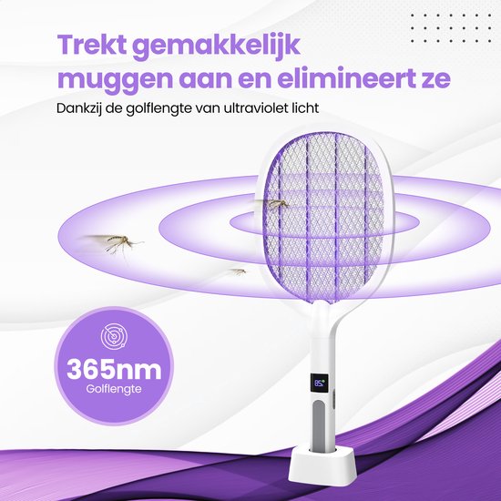 TTD® Premium Elektrische Fliegenklatsche und Mückenlampe Wiederaufladbar mit XXL 2 Meter Ladekabel und LCD Bildschirm - 2 Stufen Fliegenklatsche und Mückenlampe - 2500 Volt - Wiederaufladbar über USB und Steckdose - Mit Sicherheitsnetz - UV Licht - Fliege