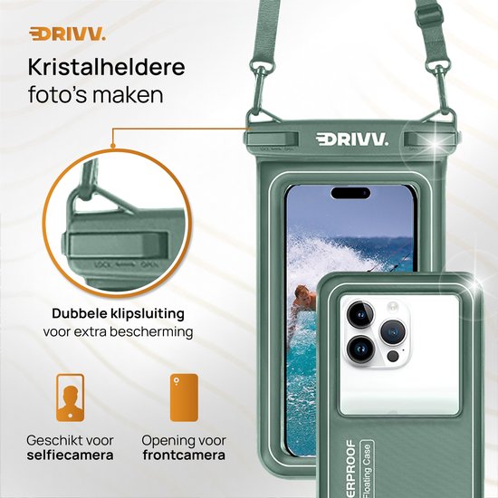 Drivv. Wasserdichte Luxus-Telefonhülle - schwimmend - Doppel-Clip-Verschluss - Telefone bis zu 6,8 Zoll - Unterwasser-Telefonhülle - Army Green
