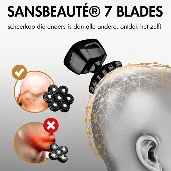 Sansbeauté® Skull Sharp PRO 6-in-1 Herrenrasierer - Nass & Trocken - Gesichts- und Kopfrasierer - Kabelloses Aufladen - Inkl. Aufsätze