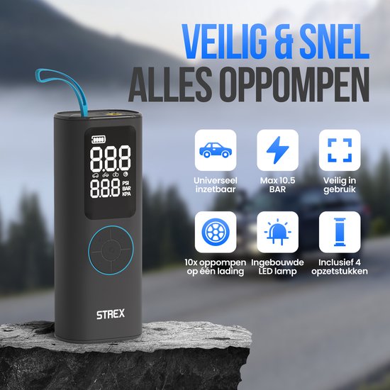Strex Elektrische Reifenpumpe - Kabelloser Mini-Kompressor 3-in-1 - Auto, Fahrrad, Roller, Ball & Luftmatratze - bis zu 10,5 bar / 150 PSI - 30L/min - 8000 mAh Powerbank & Taschenlampe