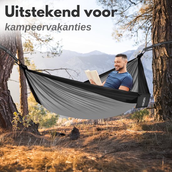 Vertrex Hammock Pro Hängematte mit Gurt und Karabiner für Hängematten - 270 x 140 cm - Max 200 kg - Grau/Schwarz