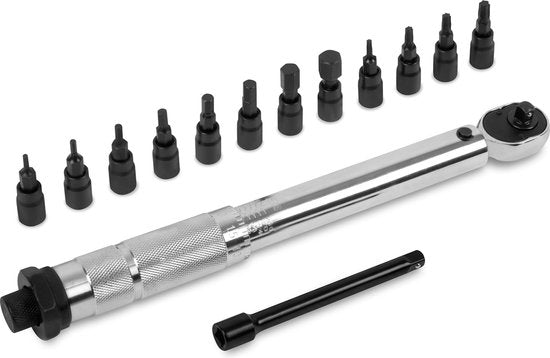 VONROC Drehmomentschlüssel ¼" - 265mm - 5-25Nm - Inkl. 12-teiligem Bitsatz (8 x Inbus, 4 x Torx) und 100mm Verlängerung - im stabilen Aufbewahrungskoffer