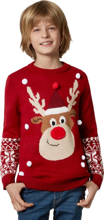 Dressforfun Faschingskostüm Weihnachtspullover Rudi Rentier – Unisex – Größe 140 (9–10 Jahre)