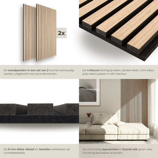 tectake® Akustikplatten – 2er-Set – Akustik-Wandplatte – 60 x 120 cm - 1,44 m² - Wandpaneele mit anpassbarer Größe - Lattenwand aus MDF und Holzfurnier - Schalldämmung - Stilvolle Wanddekoration - Einfache Montage - Helle Eiche