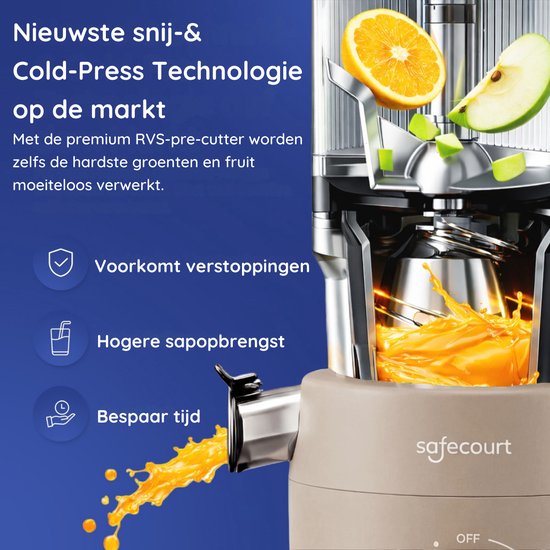 Safecourt Kitchen Slow Juicer - leistungsstarker Motor [Vorschneider & Kaltpress-Technologie] - einfache Reinigung - BPA-frei - Entsafter Beige