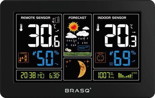 BRASQ Kabellose Wetterstation für den Innen- und Außenbereich - Hygrometer - Luftfeuchtigkeitsmesser - Mit Außensensor bis zu 60 Meter - Thermometer - Barometer - inklusive Batterien
