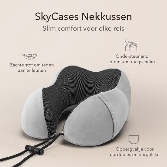 SKYCASES Travel Essentials - Nackenkissen-Set 3-teilig - Ergonomisches Memory Foam Reisekissen mit Augenmaske und Ohrstöpsel - Ideal für Flugzeug, Auto und Zug - Kompakt und luxuriös - Hellgrau