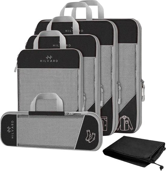 Hilvard - Packwürfel Set - 6 Stück - Gepäckorganizer - Kleiderorganizer - Reisewürfel - Kompressionswürfel - Schwarz