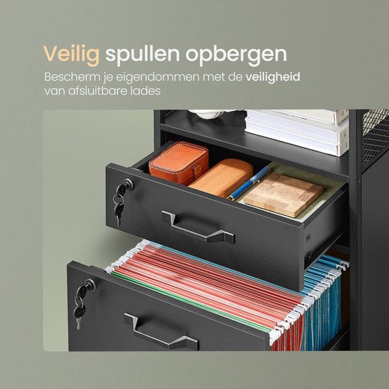 O'DADDY® Kommode - Aktenschrank - Kompakt und sicher - Kommode - Nachttisch - 44x42x69 cm - Kommode - Offenes Regal - Mobil und langlebig - Kommode Schwarz - Schubladenschrank