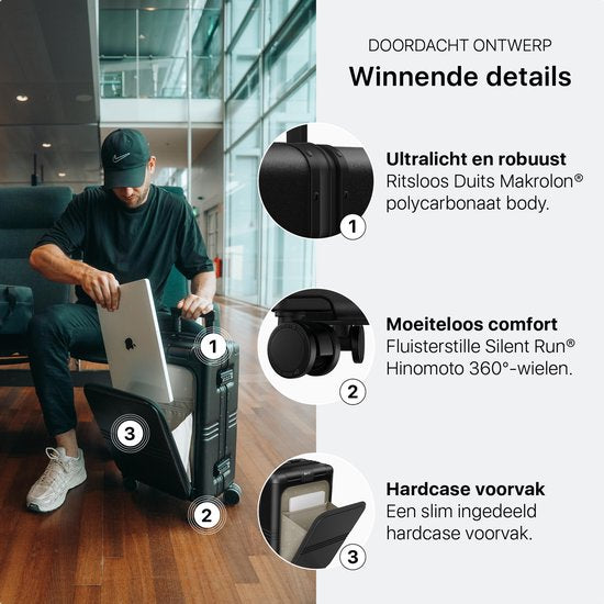 ONYX Hybrid Pro Handgepäck Koffer mit Fronttasche 38 Liter - Recyceltes Polycarbonat und reißverschlussloses Design - Reisekoffer mit TSA-Schloss und Spinner-Rädern - Leichter Trolley mit Laptop-Fach - Onyx Schwarz