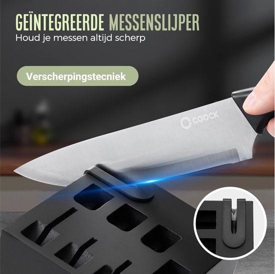 COOCK - Messerset mit Block und klappbarem Schneidebrett - Küchenmesser - Scheren - Wetzstahl (Messerschärfer) - 15-teiliges Küchenutensilien-Set im Messerblock - mit kratzfester Beschichtung - Edelstahl/Schwarz