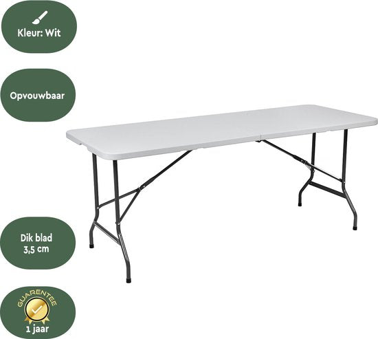 BRASQ Zusammenklappbarer Klapptisch Weiß - 180x70x74cm- Campingtisch - Klapptisch - Wetterfest - Tisch mit Tragegriff