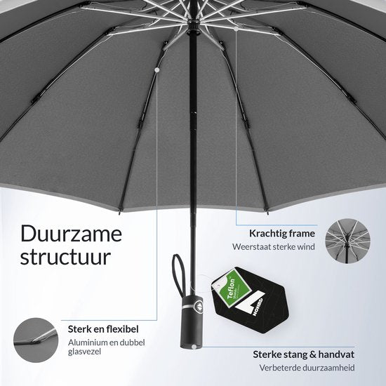 Nohrd Storm Umbrella - Grau - Regenschirm faltbar - Sturmsicher 108 km/h - Sturmschirme - Automatisch ein- und ausklappbar - Reflektierend - Regenschirme - Inklusive Schutzhülle