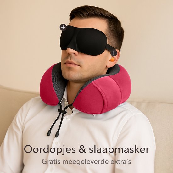 SKYCASES Travel Essentials - Nackenkissen-Set 3-teilig - Ergonomisches Memory Foam Reisekissen mit Augenmaske und Ohrstöpsel - Ideal für Flugzeug, Auto und Zug - Kompakt und luxuriös - Rot