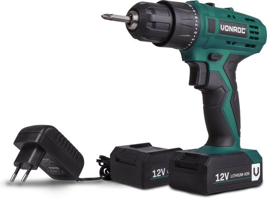 VONROC Akkubohrmaschine - 12V Li-Ion - Inkl. 2x Akkus, Schnellladegerät, Schraubbits & Aufbewahrungstasche