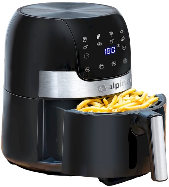 alpina Airfryer 4.5L- Heißluftfritteuse für 2 bis 4 Personen - Luftfritteuse mit einstellbarer Temperatur von 80°C bis 200°C - Timer bis zu 60 Minuten - Heißluftfritteuse 1400W - Schwarz