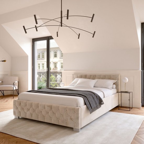 Polsterbett Nizza - 140 x 200 cm - Beige - LED-Beleuchtung & Bettschublade