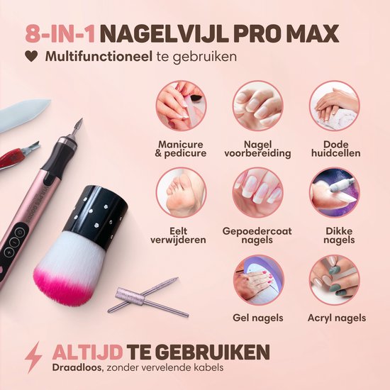 Vulpes Goods® BeautyCare - Elektrische Nagelfeile - Schnurlos & wiederaufladbar - 11 Nagelschleiferbits und 96 Schleifrollen und Tragetasche - Maniküre und Pediküre Set - PRO Version