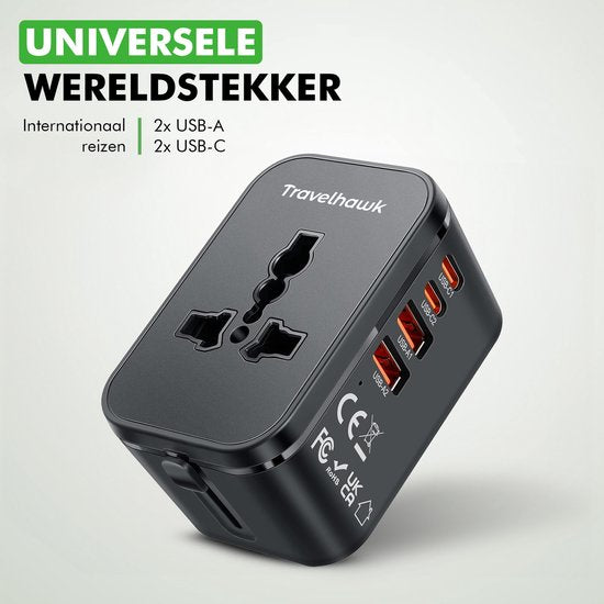 Travelhawk World Plug mit 2x USB-C und 2x USB Port - Reisestecker - USB Stecker - Internationaler Reisestecker für 150+ Länder - Amerika (USA) - England (UK) - Australien - Asien - Südamerika - Afrika - Weltstecker - Schwarz