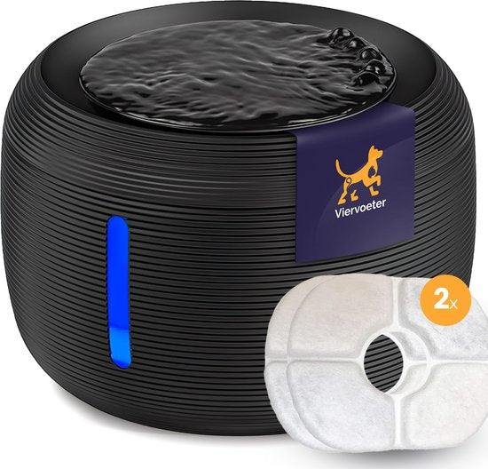 Quadruped Premium Trinkbrunnen - Runder Trinkbrunnen für Katzen und Hunde - 2.5L - Tiertränke - geräuschlos - Inkl. 2 Filter - Schwarz