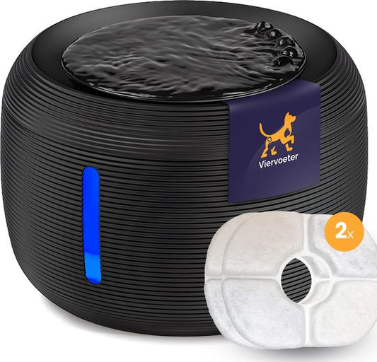 Quadruped Premium Trinkbrunnen - Runder Trinkbrunnen für Katzen und Hunde - 2.5L - Tiertränke - geräuschlos - Inkl. 2 Filter - Schwarz