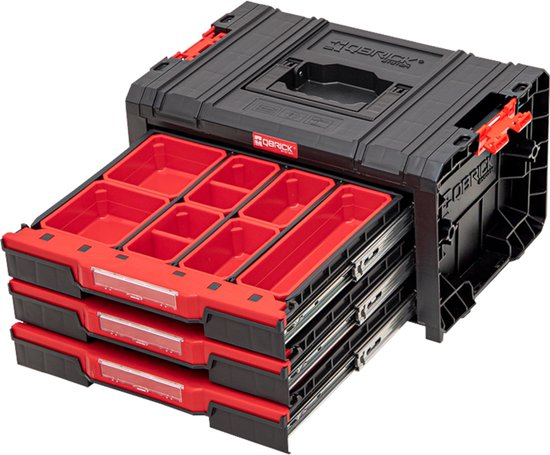 Qbrick System - PRO Drawer 3 Toolbox 2.0 Expert - 450 x 310 x 244 mm - Schwarzer PP-Kunststoff - Modularer Werkzeugkasten mit 3 Schubladen - Ultimative Werkstattorganisation