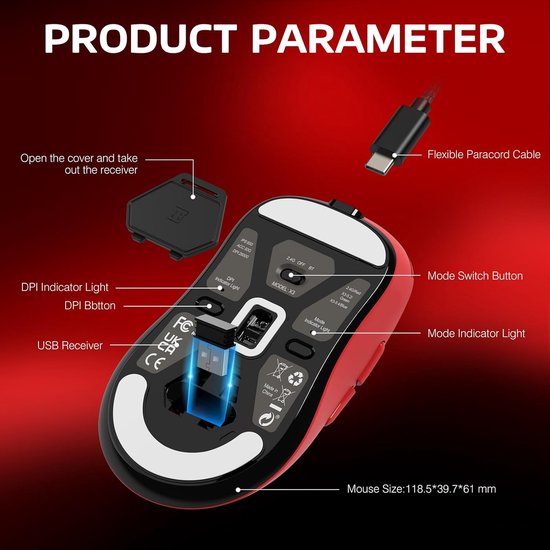 ATTACK SHARK Kabellose Gaming-Maus - Kabelgebunden/2.4G/BT5.4 - Leichtgewicht 49G - PAW3395 - 26000DPI - Rot