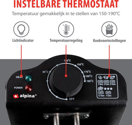 alpina Friteuse - Bratpfanne - 3 Liter - 2000 Watt - Edelstahl - Mit Thermostatknopf