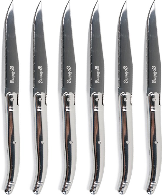 Goliving Steakmesser - Fleischmesser - Spülmaschinenfest - 6-teiliges Steakmesser-Set - Edelstahl - Messerset - Gezacktes Messer - Silber
