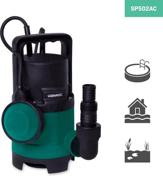 VONROC Tauchpumpe/Wasserpumpe 400W - 8000l/h - Für schmutziges und sauberes Wasser - Mit Schwimmer