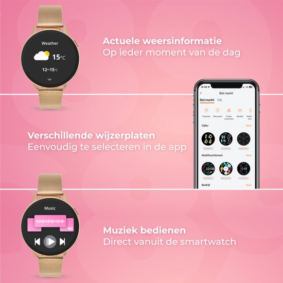 Nuvance Smartwatch Damen - Inkl. Edelstahl & Silikonband - Misst Sport & Schlaf & Körper - Pink Gold