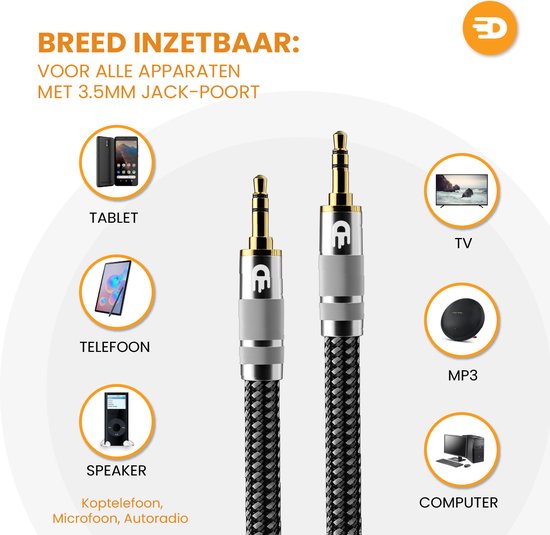 Premium AUX-Kabel 3,5 mm - Nylon-Audiokabel - vergoldet - Stecker auf Stecker - Silber - 3 Meter