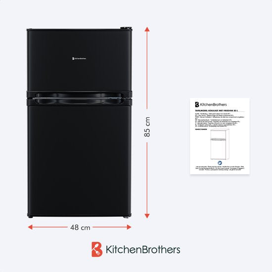 KitchenBrothers Kühlschrank - 61L Kühlfach - 24L Gefrierfach - Eisfach - Frigo - Freistehend - Schwarz