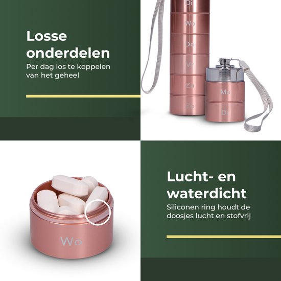 Gandria Pillenbox 7 Tage - Herausnehmbare Pillenbox - Pillenbox mit 7 Fächern - Medikamentenbox mit stabilem Verschluss - Hülse - Wasserdicht - Pink