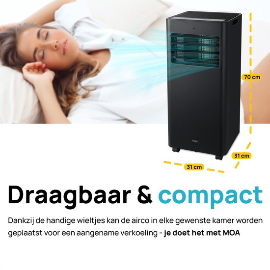 MOA - Klimaanlage - 7.000 BTU - mit Fernbedienung - Energieklasse A - bis zu 60 m³ Kühlleistung - Ventilator und Entfeuchter - Schwarz
