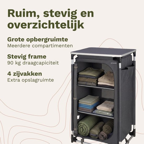 TRVLMORE Campingschrank XL - Campingküche - 90KG Tragkraft - Aluminiumrahmen - faltbar - Inkl. Tragetasche - 50x60x97CM - Grau