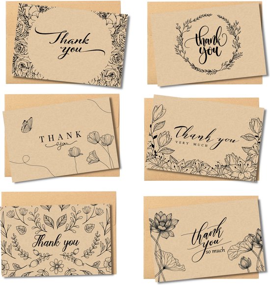 Partizzle 36x Kraft Dankeskarten Set - Dankeskarten - Grußkarten - Postkarten - Karten mit Umschlägen - 15x10 cm