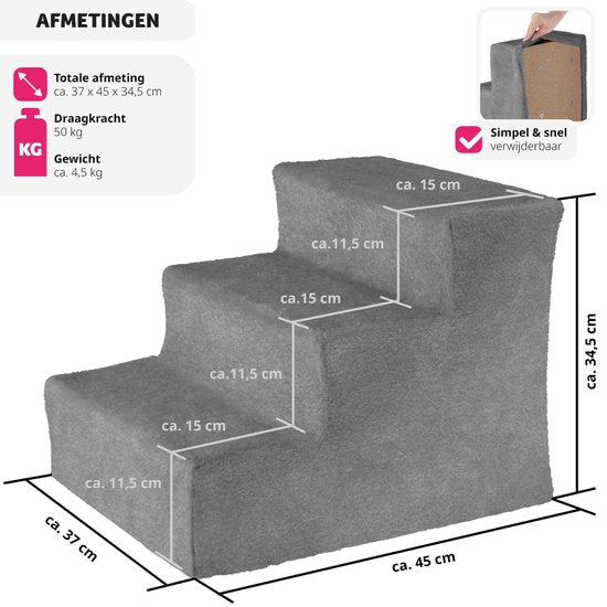 tectake Hundetreppe oder Katzentreppe, Haustiertreppe, Einstiegshilfe mit waschbarem Bezug, extra flache Treppe, Haustiertreppe für Sofa, Bett oder Auto (grau, 37 x 45 x 34,5 cm)