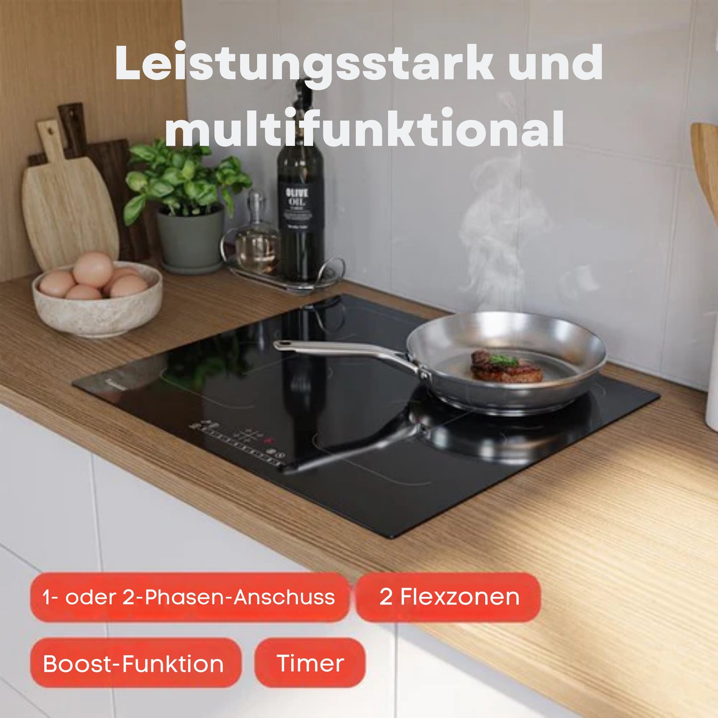 KitchenBrothers Induktionskochfeld - Einbau-Induktionskochfeld - 60 cm - 4 Zonen - 2x Flexzone - 1 und 2 Phasen - Bis zu 2400W - Schwarz