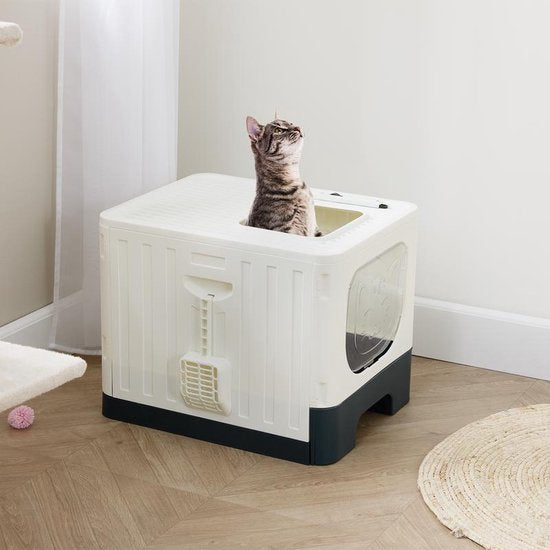 Lifa Living Faltbare Katzentoilette mit ausziehbarer Schublade - praktisch, tragbar und geräumig - Creme/Anthrazit